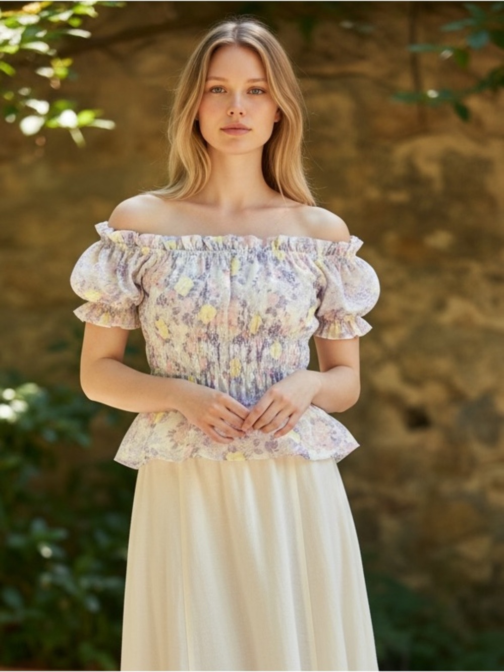 Peach Love California Floral Off-The-Shoulder Smocked Peplum Top - Small‎